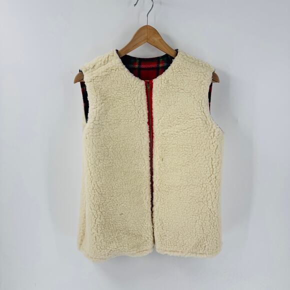 Vintage Wool Plaid Reversible Vest Red Tartan Sherpa Lined Outdoor (Fits S/M) - Picture 9 of 12